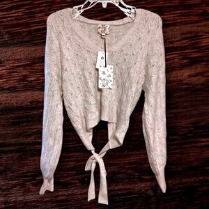 Hippie Rose Women's Cream Cable Knit Tie Back Crop Sweater Size Medium NWT